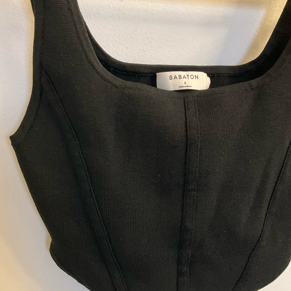Babaton black ribbed square-neck camisol cropped tank, size small